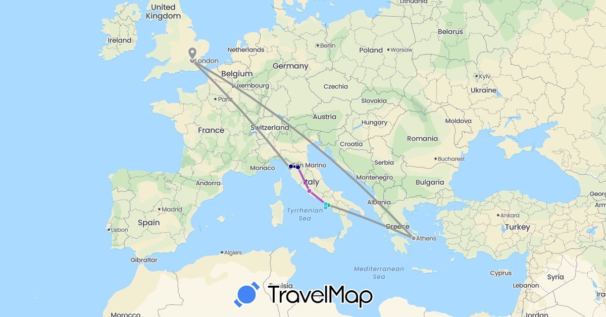 TravelMap itinerary: driving, bus, plane, train, boat in United Kingdom, Greece, Italy (Europe)